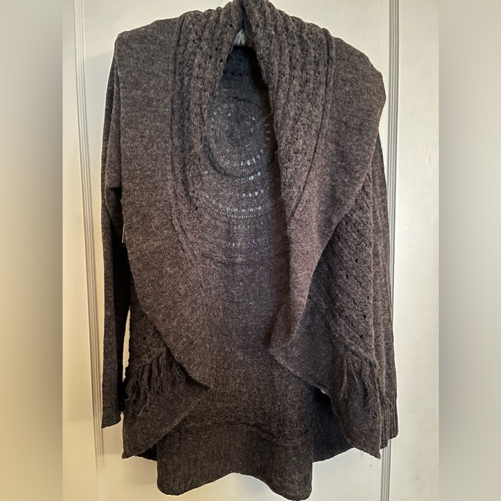 JohnPaulRichard Shawl Collar Fringe Grey Cocoon Sweater with Mandala Back-NWT